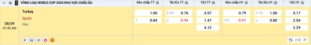 Thổ Nhĩ Kỳ vs Tây Ban Nha